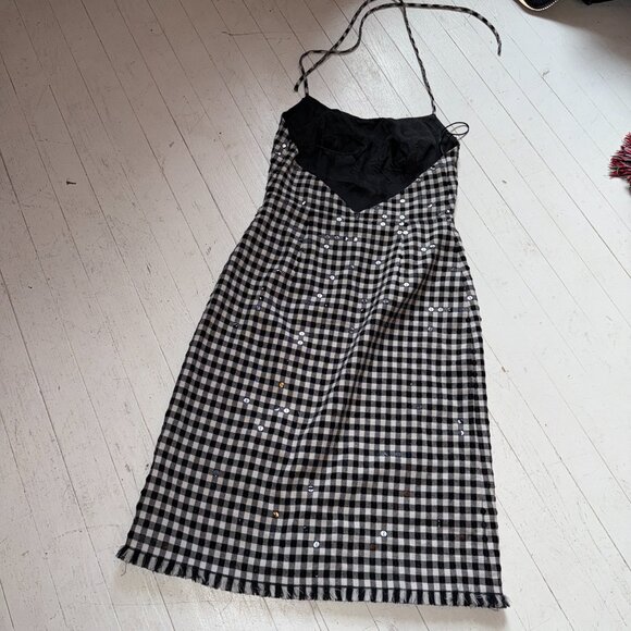 Vintage Moschino Gingham Sequin Halter Mini Dress - Picture 3 of 5